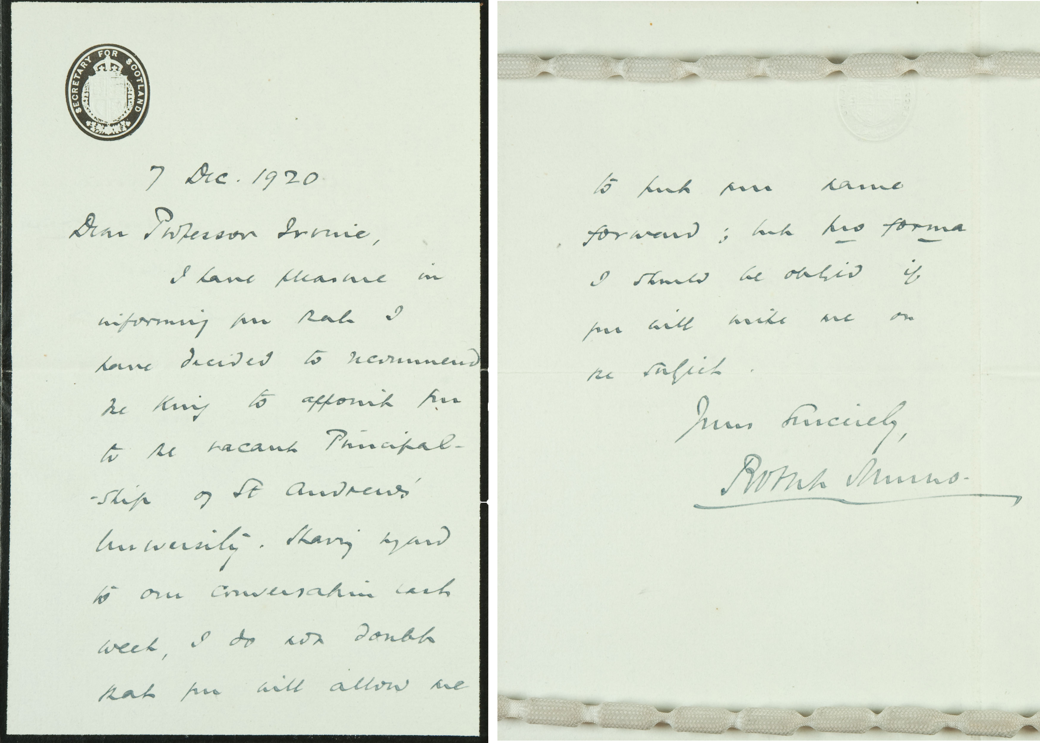 Photograph of letter sent to Professor Irvine from Robert Munro, Secretary for Scotland (UYUY250/Irvine2)