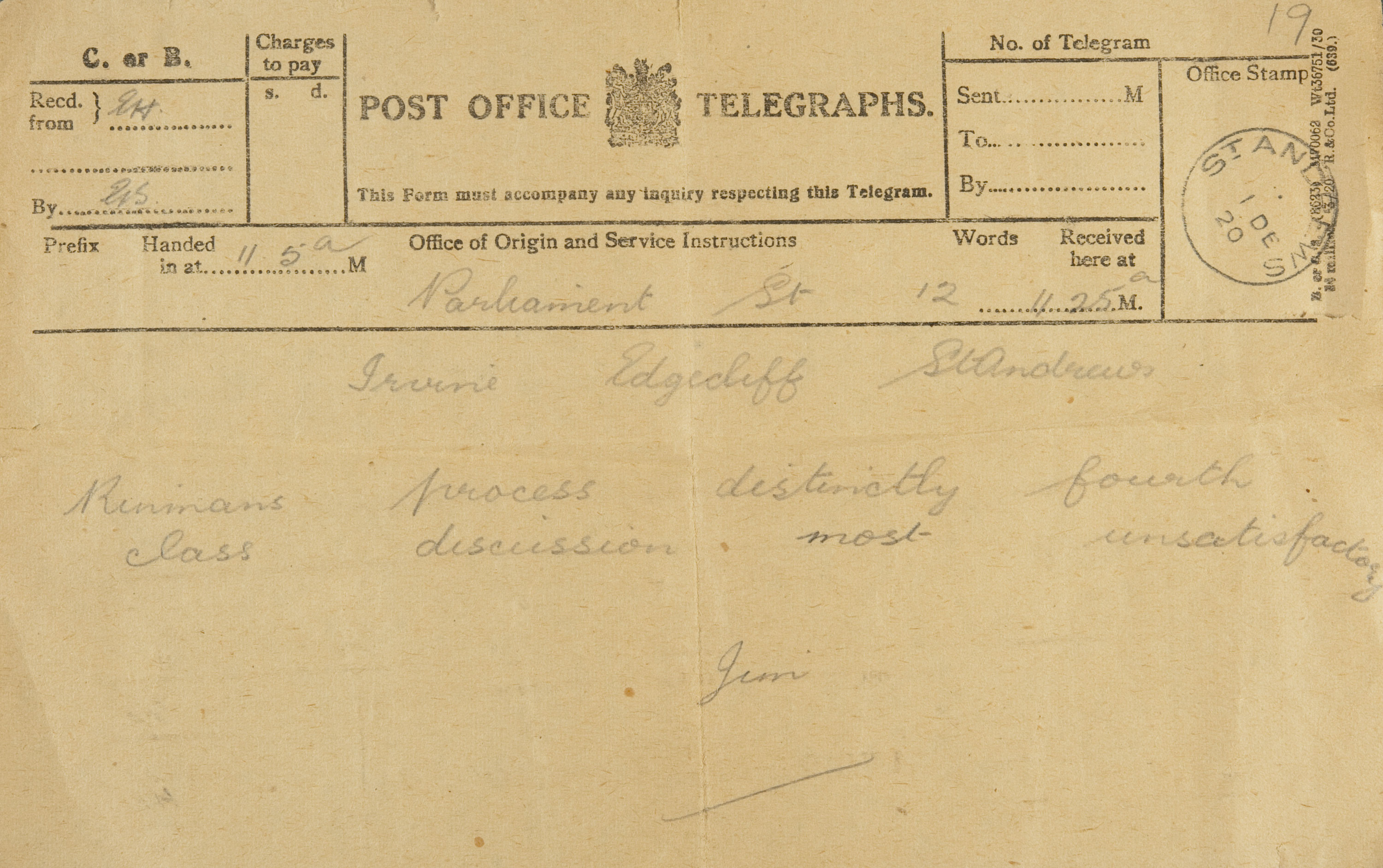 Photograph of the telegram, which reads “Rinmans process distinctly fourth class   discussion most unsatisfactory” (UYUY250/Irvine2)