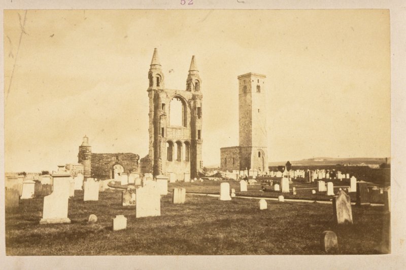 The east front of St Andrews Cathedral and St Rule's Tower, with the burying ground in the foreground; photograph attributed to Thomas Rodger (ALB-55-52).