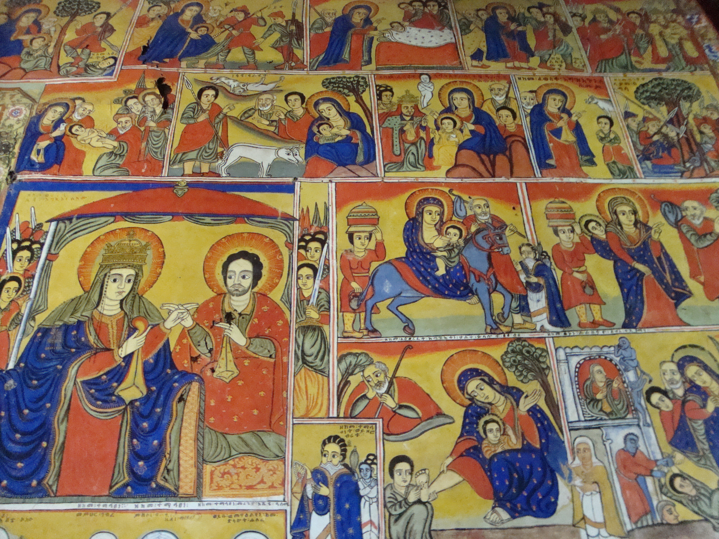 Photograph of a wall of paintings at Ura Kidhane Mihret monastery. Photograph by Maia Sheridan, January 2013.