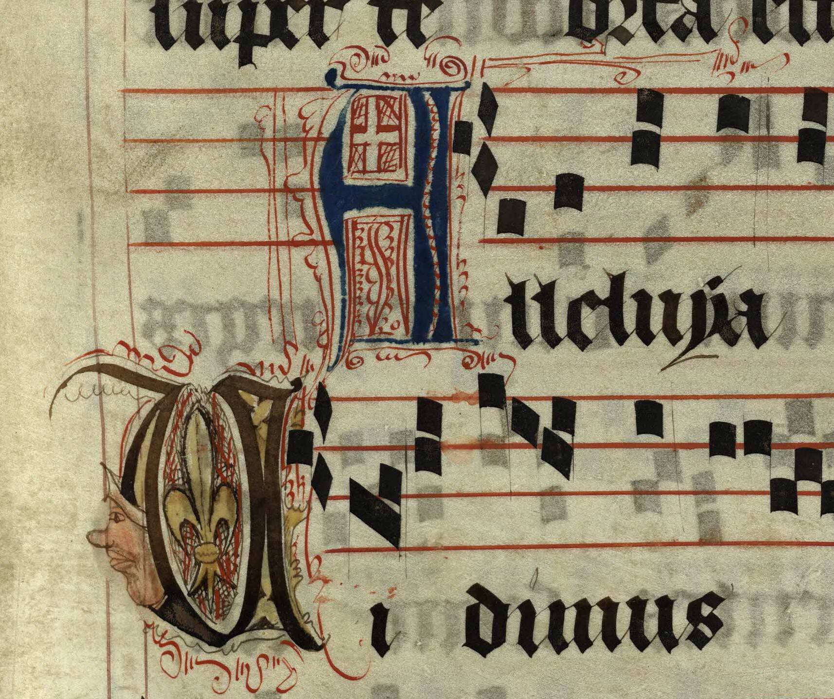 Pen decorated initial 'A' and initial 'V' with face and fleur-de-lys from p. 95 of a 15th century Gradual (St Andrews msM2148.G7)
