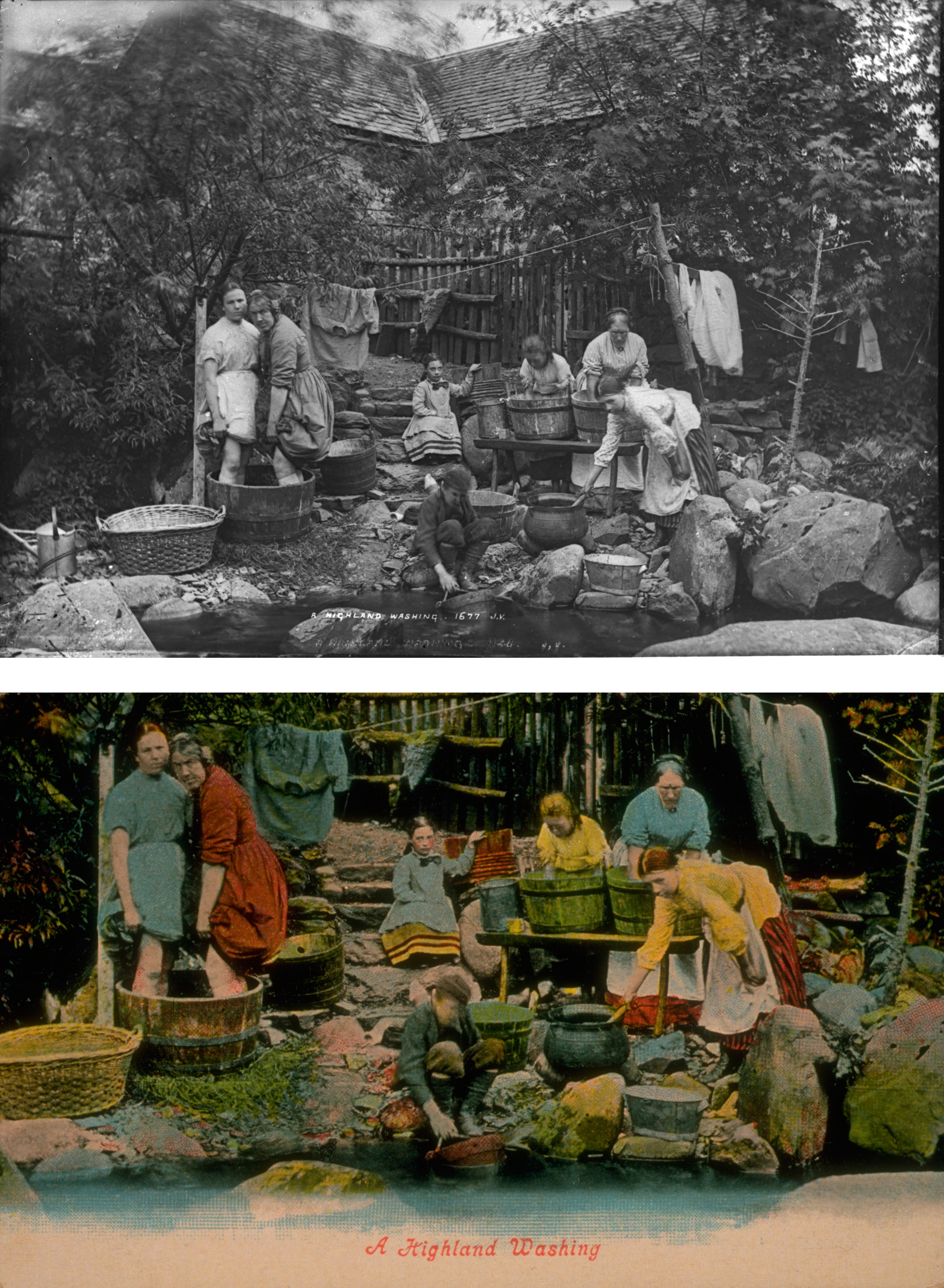 “A Higland Washing” by J. Valentine & Co., 1878 (St Andrews JV-1677 (above) and JV-1677-B (below))