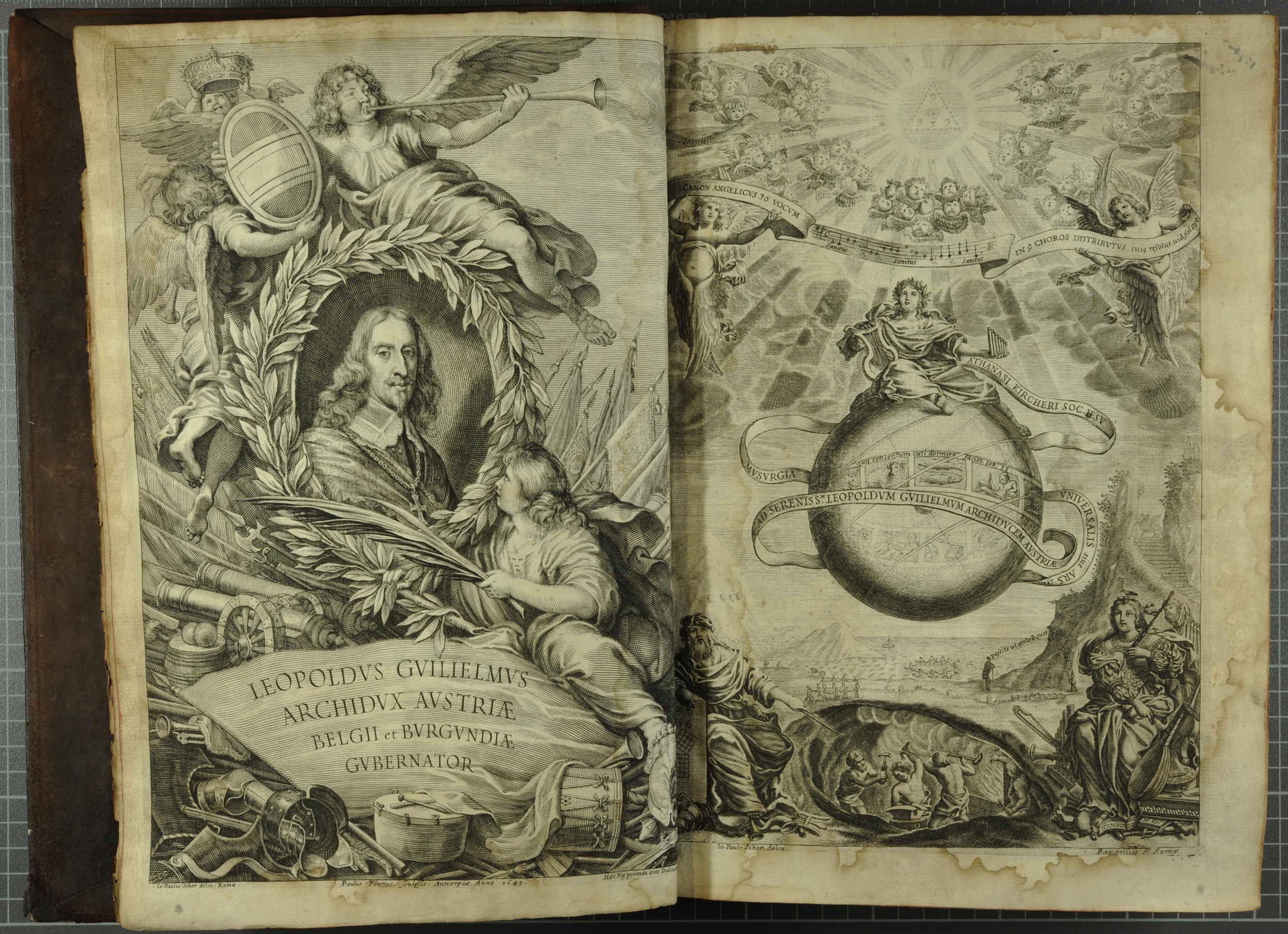An engraved portrait of Archduke Leopold Wilhelm of Austria (left, to whom the work is dedicated to) and the added engraved title page depicting seated Musica holding a lyre and panpipes and with Pythagoras pointing to blacksmiths