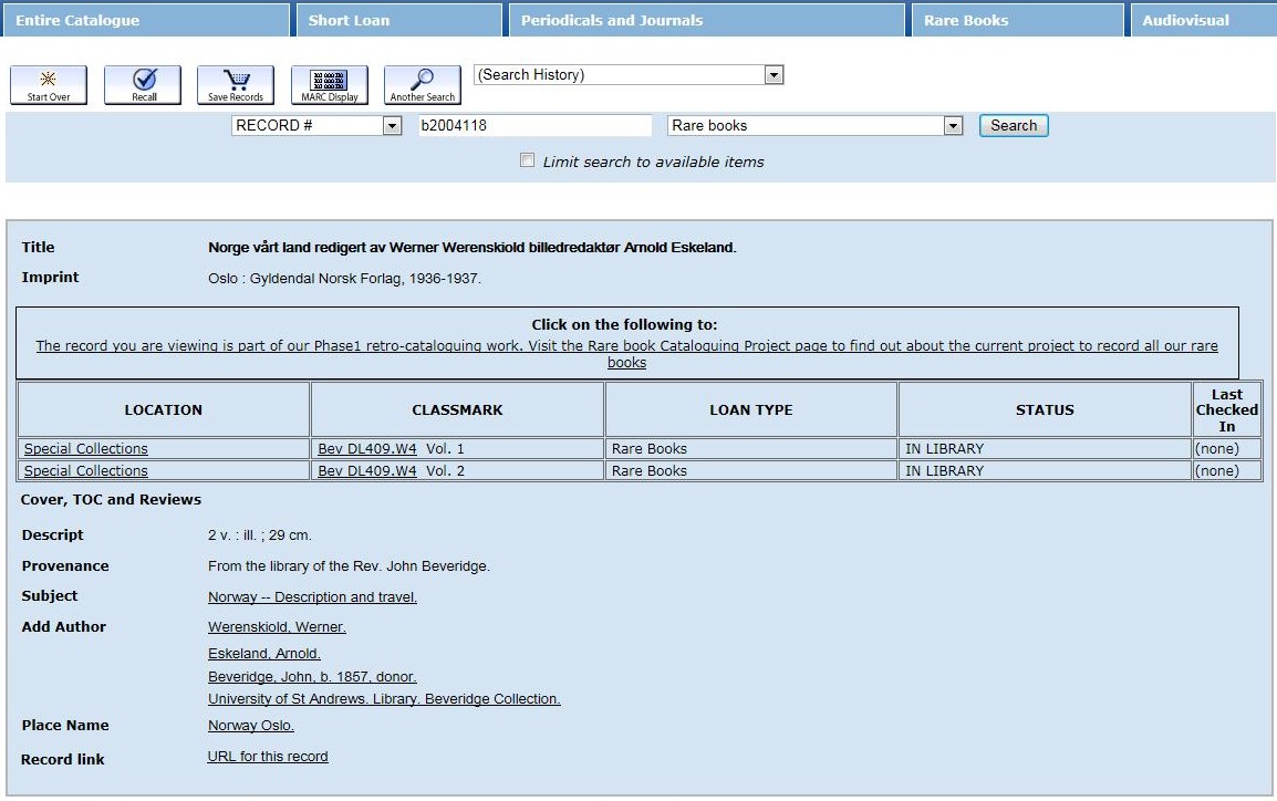 An example of a Phase 1 catalogue record.