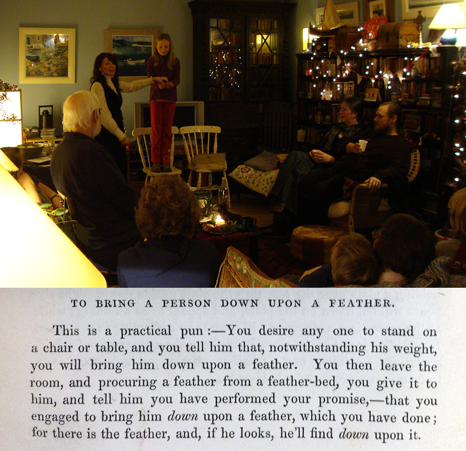 Making the audience groan with the ‘To bring a Person down upon a Feather’ trick, with my able assistant.