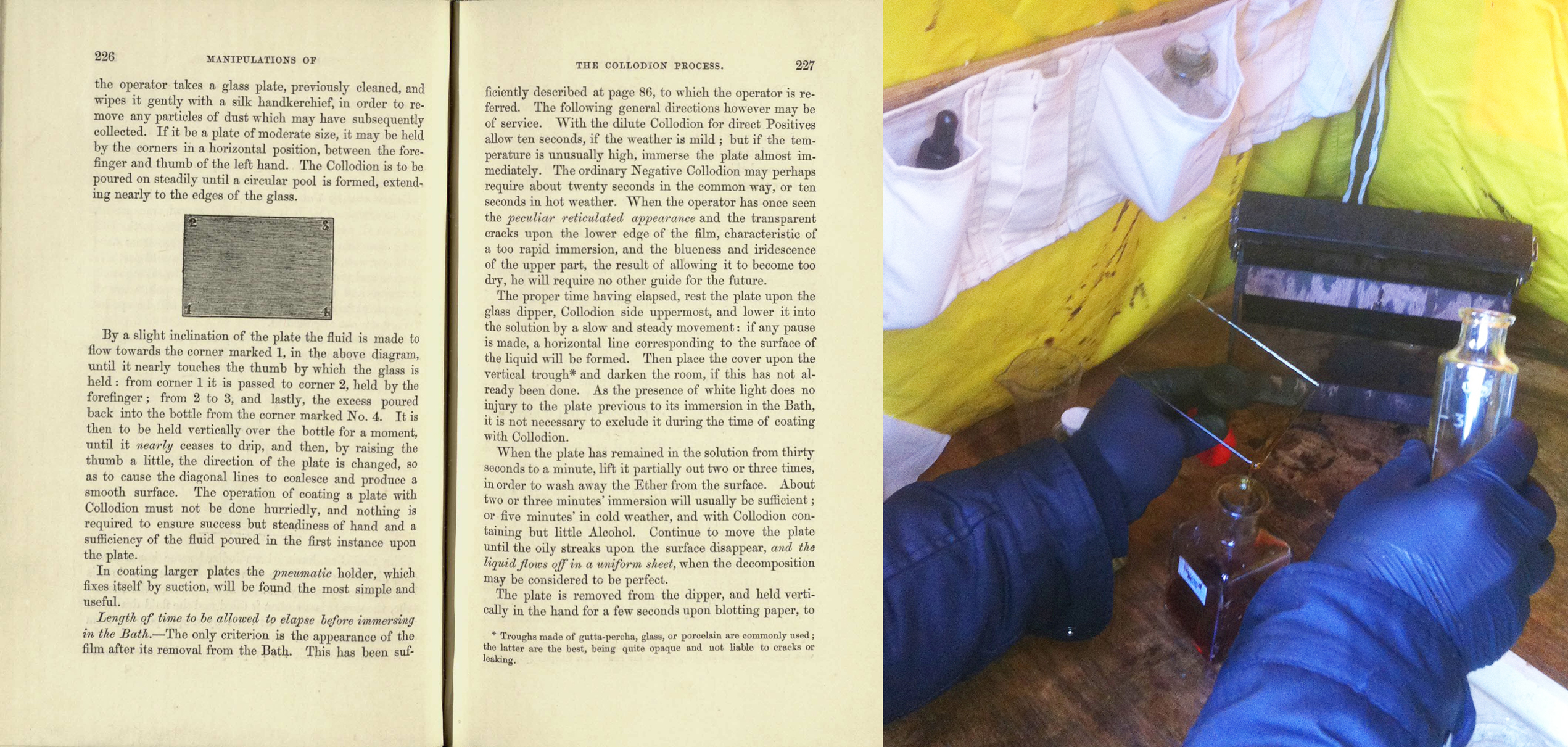 Pages 226 and 227 explaining the delicate process of pouring collodion (s TR210.H2).