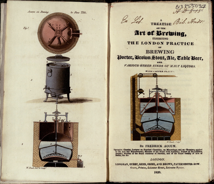 Colour frontispiece and title page from Friedrich Accum’s A treatise on the art of brewing, which unfortunately doesn’t include one recipe!