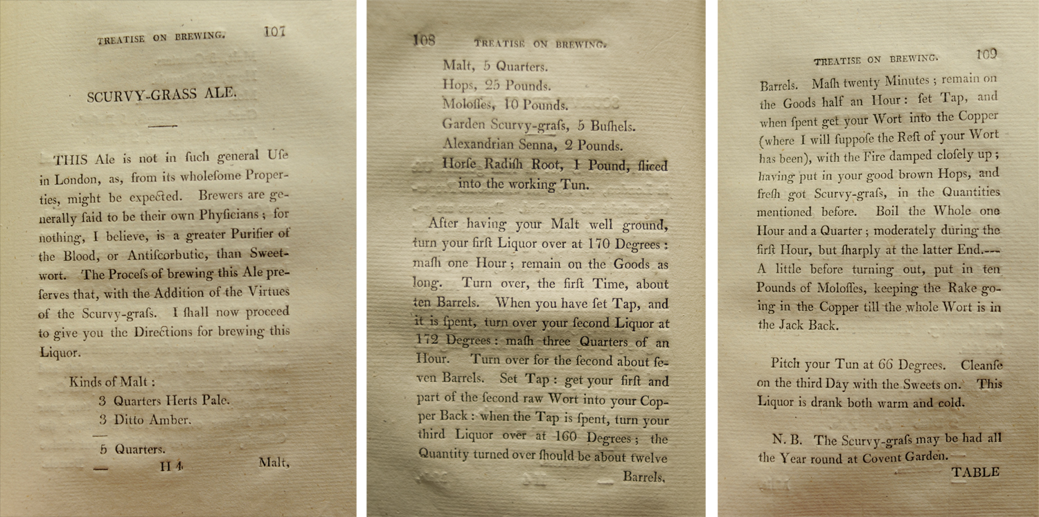 Morrice’s recipe for Scurvy-Grass Ale, a “Purifier of the Blood” and “Antiscorbutic” ale, from his Treatise on brewing.