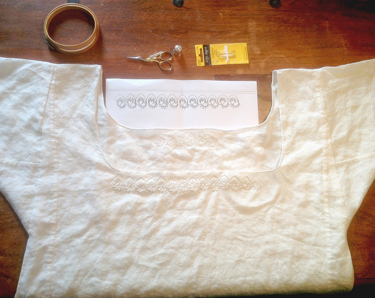 A fuller view of the embroidered shift.