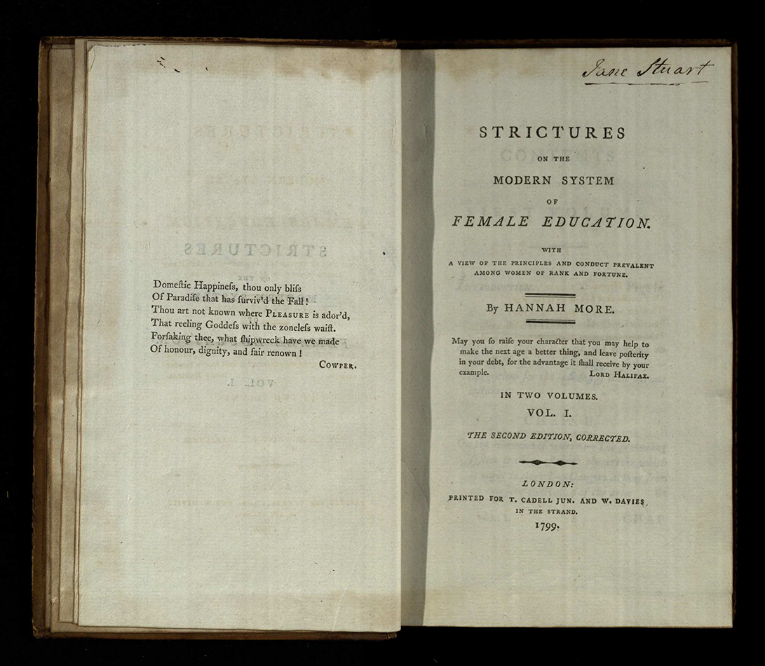 Title page of Hannah More, Strictures on the modern system of female education, 1799. Second edition. St Andrews copy at For LC1421.M6.