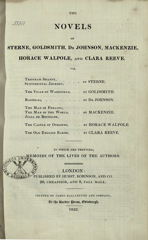 The Castle of Otranto appears in several 19th century collections of popular literature, like this 1823 volume from Ballantyne's novelist's library. (s PR1310.B2E21;5)