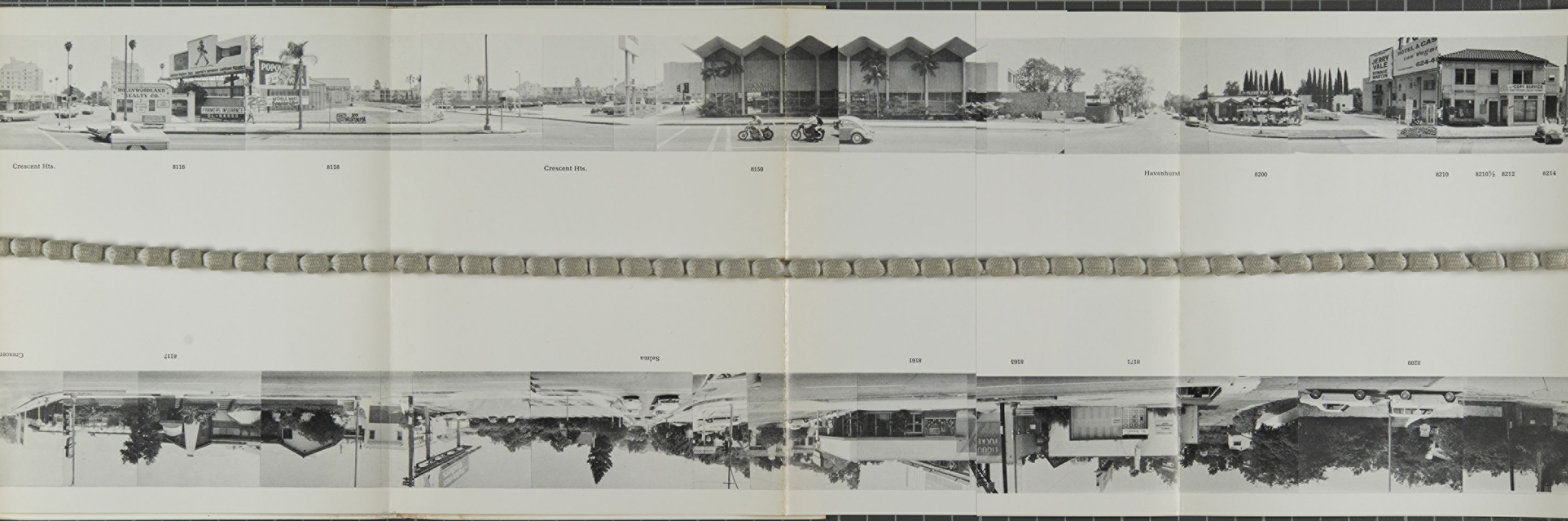 Continuous buildings along both sides of the Sunset Strip Los Angeles. Every Building on the Sunset Strip, by Edward Ruscha (1966). PhotoF869.L875S86 1966. Copyright Edward Ruscha (1966)