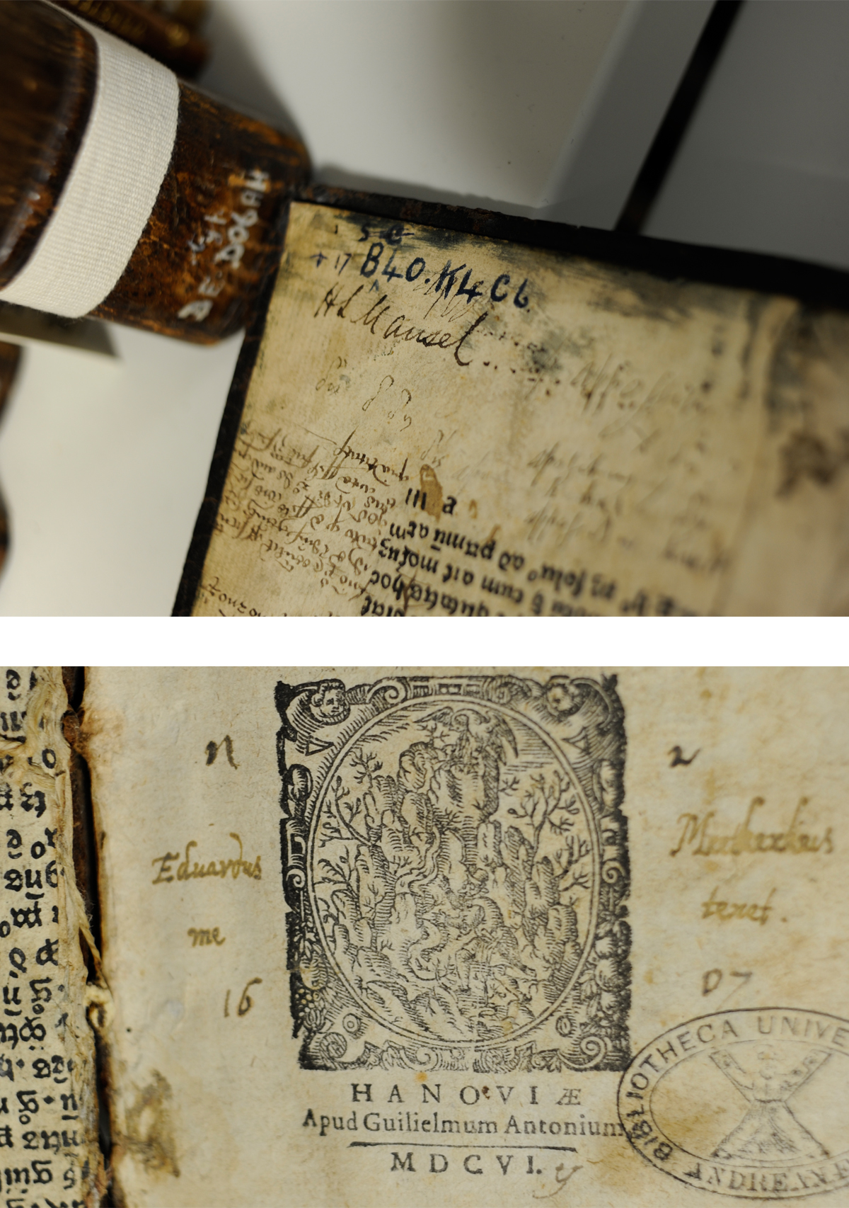 Two marks of provenance found on r17 BC40.K4C6: the signature of H.L. Mansel (top) and the purchase inscription of Edward Meetkerke (bottom)