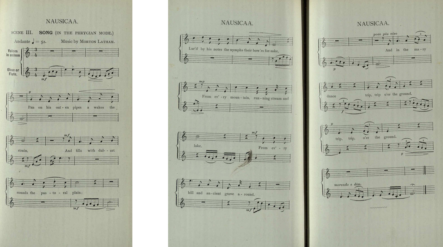 A song, in the phrygian mode, intended to be sung in scene III of the play Nausicaa. It is a translation from a Greek original. The story of Nausicaa, the daughter of King Alcinous and Queen Arete of Phaeacia, can be found in Homer’s Odyssey.