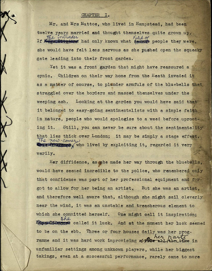 First page of the novel Mrs Muttoe and the Top Storey, showing hand-stitching and various corrections by Willa Muir, 1940, ms38466/1/2