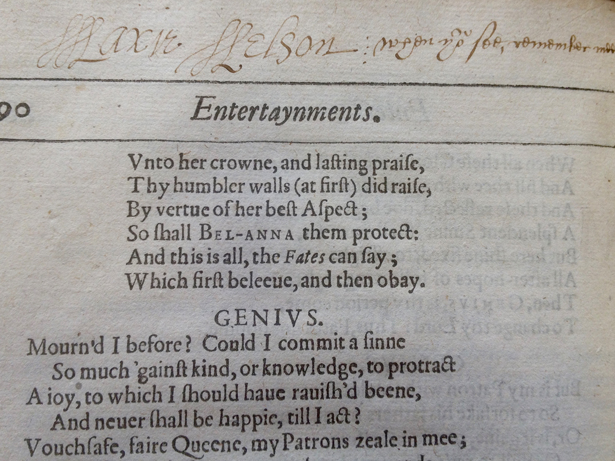 Inscription found in the 1616 First Folio of Jonson’s Works (TypBL.C16SJ;1)