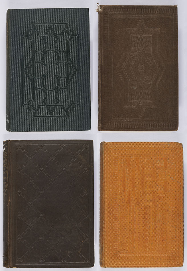 Examples of blocked designs with a geometric flavour. Thomas Miller, Beauties of the country (London: John Van Voorst, 1837), s PR5021.M456B4 ; Mary Howitt, Birds and flowers and other country things (London: Darton and Clark, 1838), s PR4809.H2B8 ; Maximilian Schele De Vere, Stray leaves from the book of nature (London: Sampson Low, Son, & Co., 1856), s Q171.D3 ; Thomas Williams, Fiji and the Fijians, 2 vol. (London: Alexander Heylin, 1858 ; bound by Edmonds & Remnants), s DU600.W6.