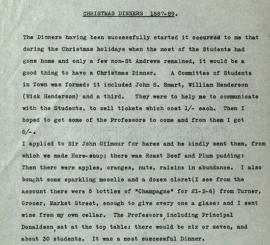 Christmas dinner menu Reminiscences of Peter Redford Scott Lang on university life, 1860-1919 msLF1110.L2