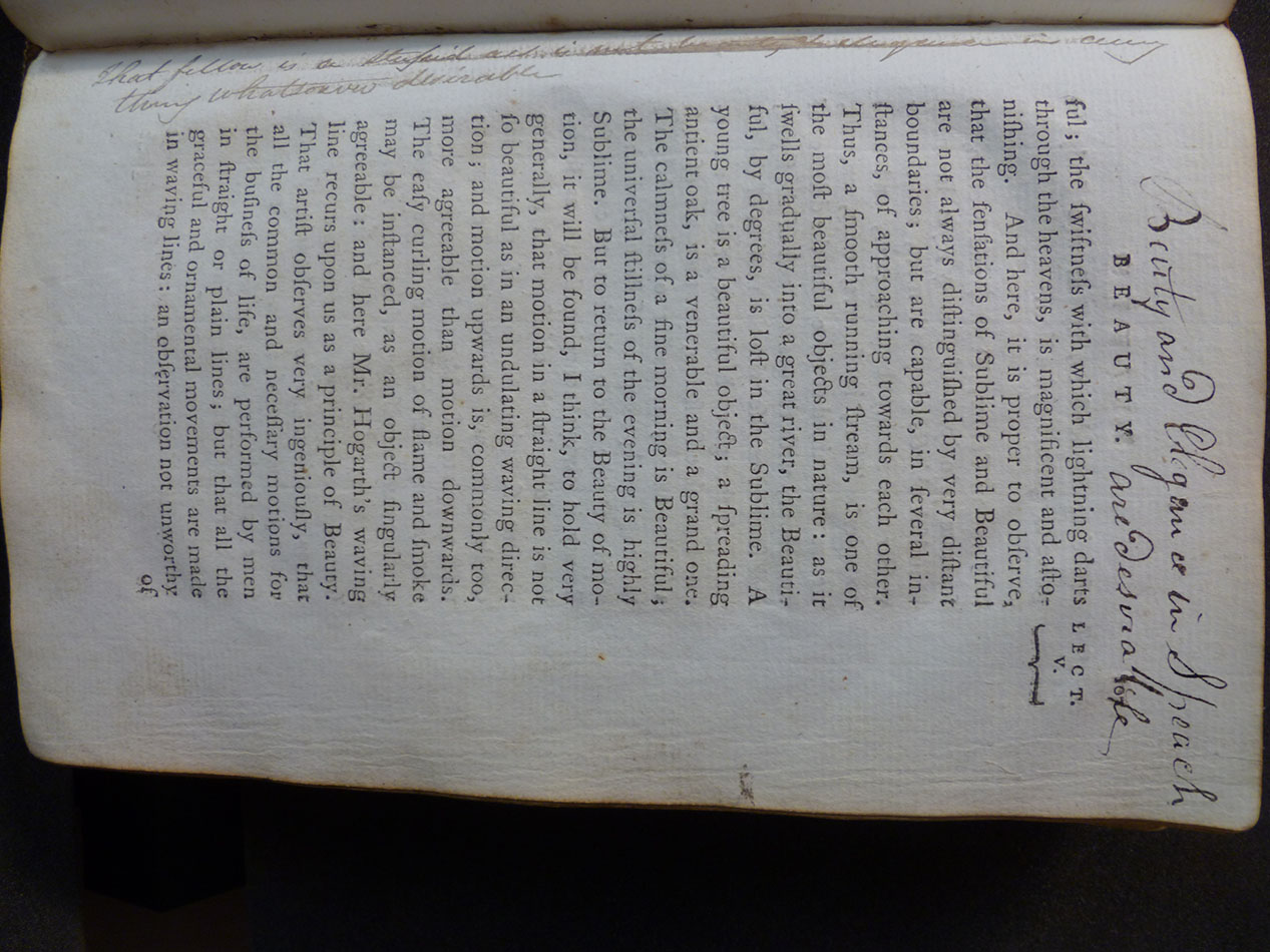 A similar disagreement occurs a few pages later; responding to a student who has written that ‘Beauty and Elegance in Speech are desirable’, a grumpy compatriot has written, ‘That fellow is a stupid ass is not beauty & elegance in any thing whatsoever desirable’.  s.PN187.B6D85, Vol. 1, p. 107.