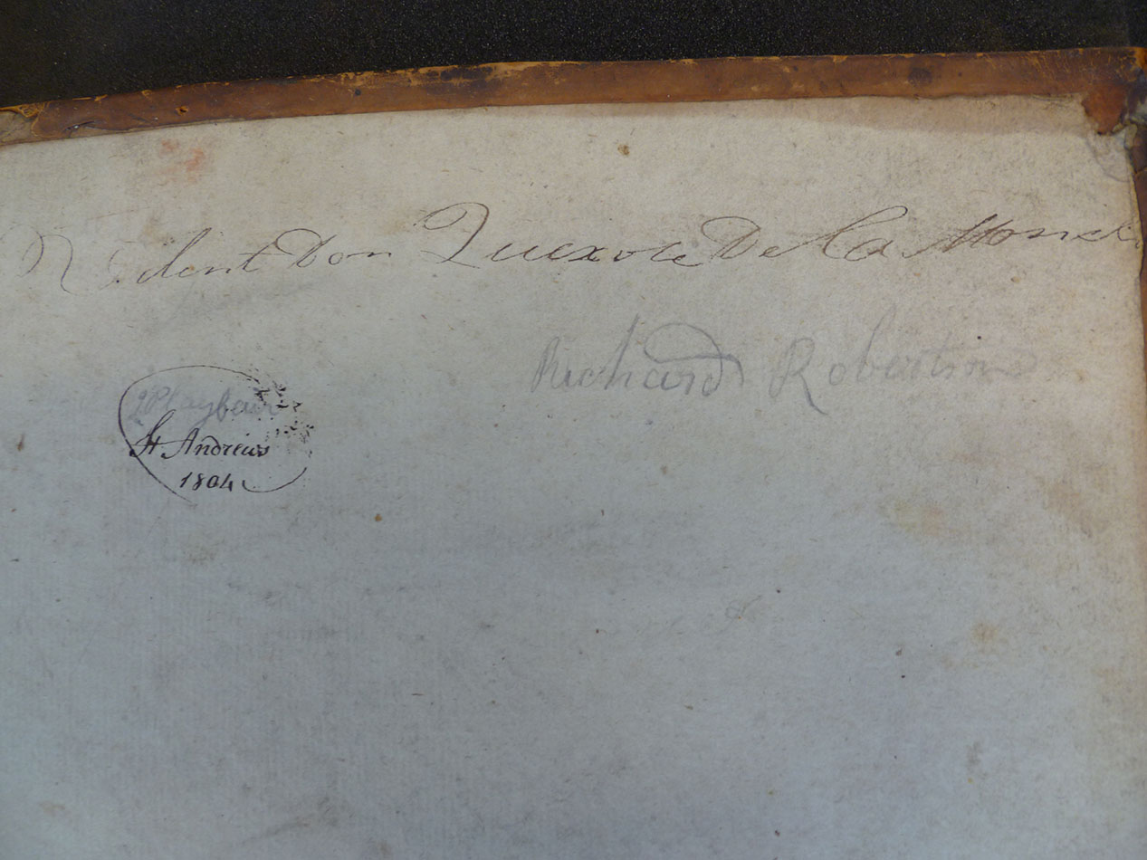 In Tobias Smollett’s Don Quixote translation, the knight and the hapless librarian are made equivalent: ‘Vilant Don Quixote De La Mancha’. s.PQ6329.A2S5, Vol. 2, inside back cover.