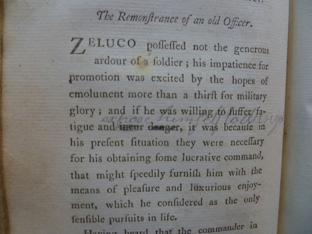 A student annotator in John Moore’s gothic novel Zeluco corrects Moore’s slightly archaic use of ‘incur danger’, preferring his own ‘expose himself to danger’.  s.PR3605.M5Z4, Vol. 1, p. 69.
