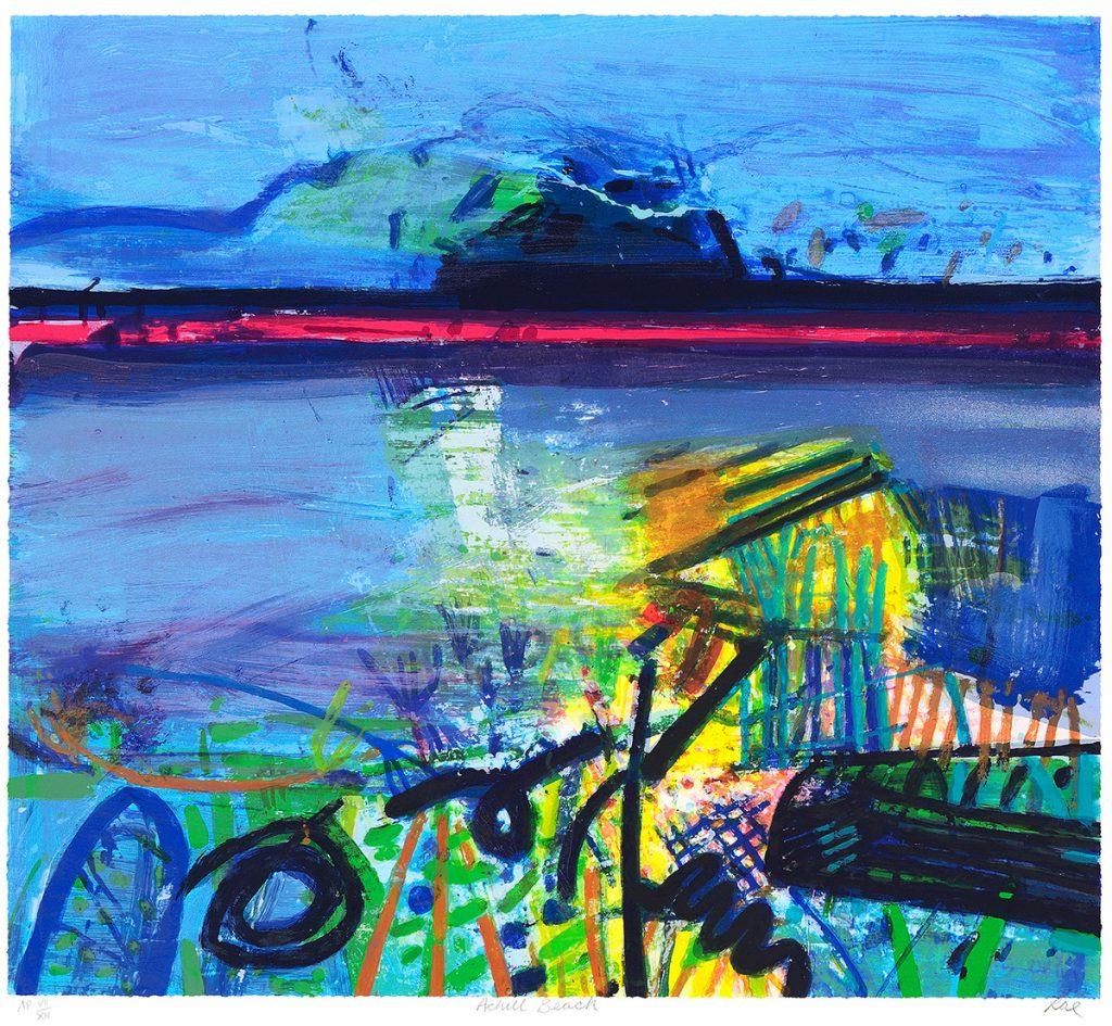 Colourful contemporary art piece with blues, yellows, and teals.