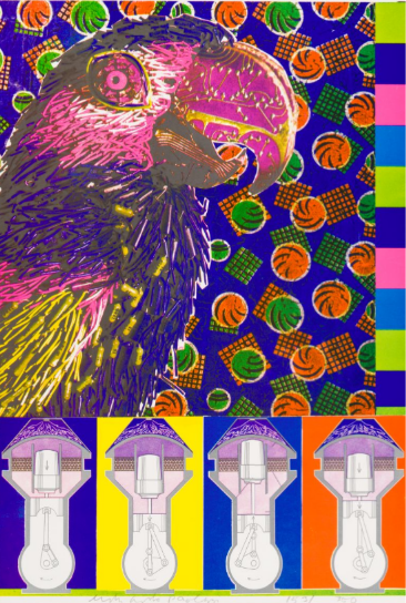 A colourful collage including the profile of a bird.