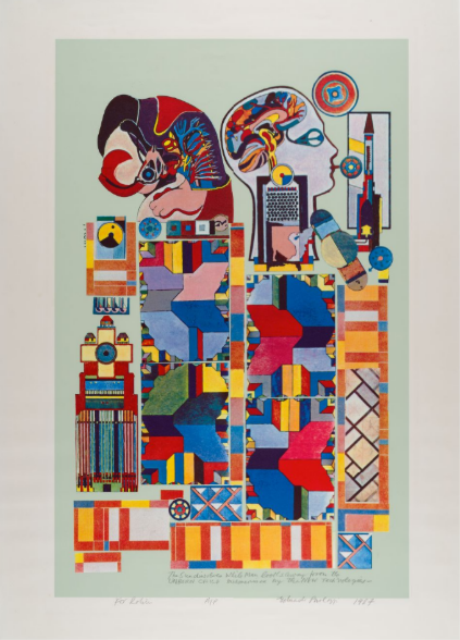 Profile of a man and sketches of colourful technological structures.