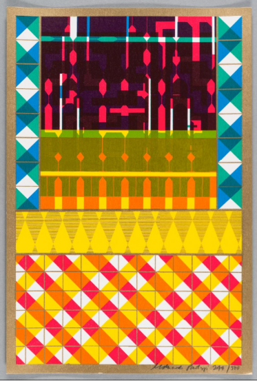 Print with colourful geometric shapes.