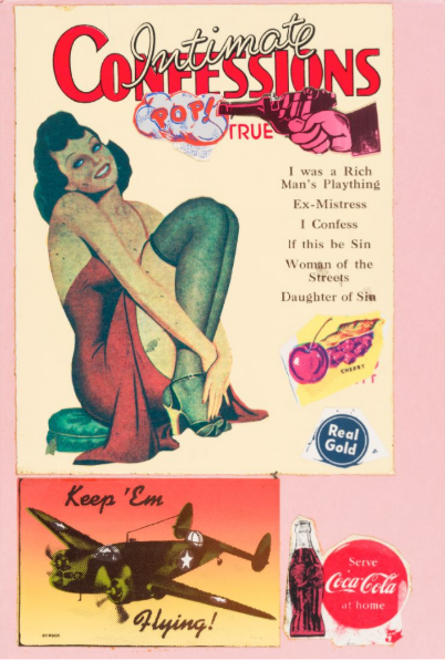 A set of posters including an advert for Coca-Cola and a page titled 'Intimate Confessions', reading: 'I was a Rich Man's Plaything; Ex-Mistress; I Confess; If this be Sin; Woman of the Streets; Daughter of Sin.'