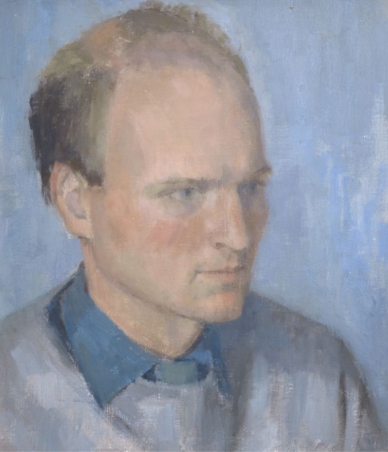 Painting of a man looking right; the man is wearing a blue shirt and grey jumper.
