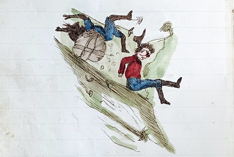 Watercolour and pen image of a man with a red nose and a second cartoon donkey figure carrying a large ball-shaped pack falling down a hill