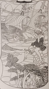 Print of wooden vessel with sails out at sea watched by child sitting on wall on shore