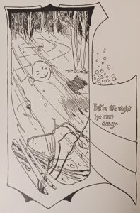 Print of line drawing showing snowman rushing away along path through woodland labelled “but in the night he ran away”