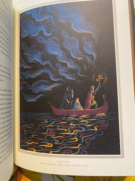 Colour illustration of boat on the sea with ghosts in the sky