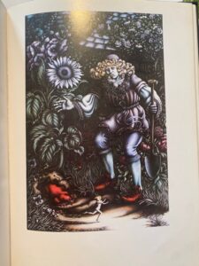 Colour illustration of person in a garden 